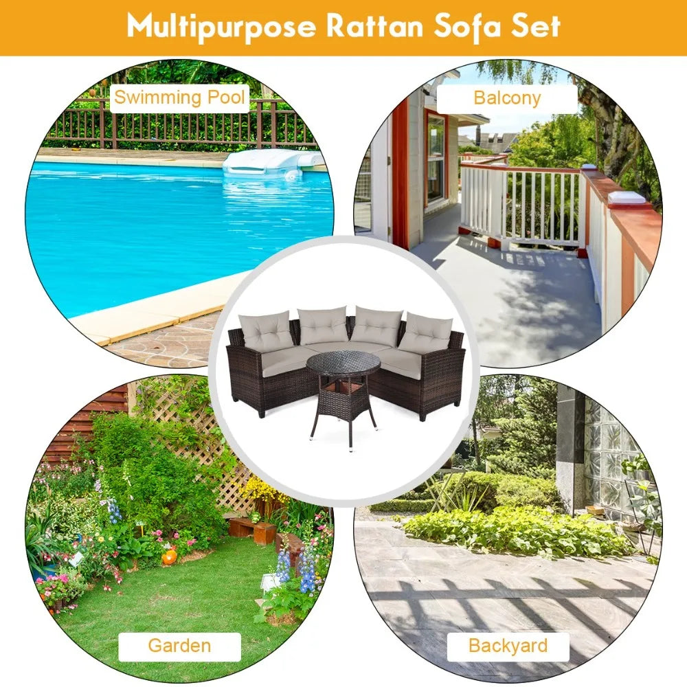 Outdoor Rattan Patio Furniture Set With Cushioned Sofa Table