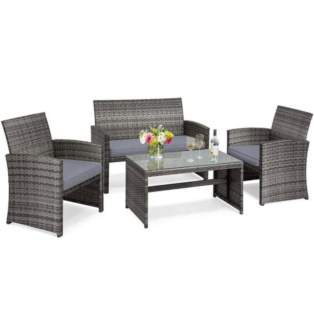 Outdoor Rattan Conversation Set With Glass Table And Loveseat