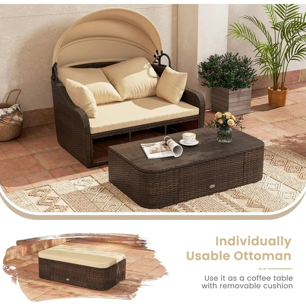 Outdoor Daybed With Retractable Canopy Rattan Double Chaise Lounge Pillows