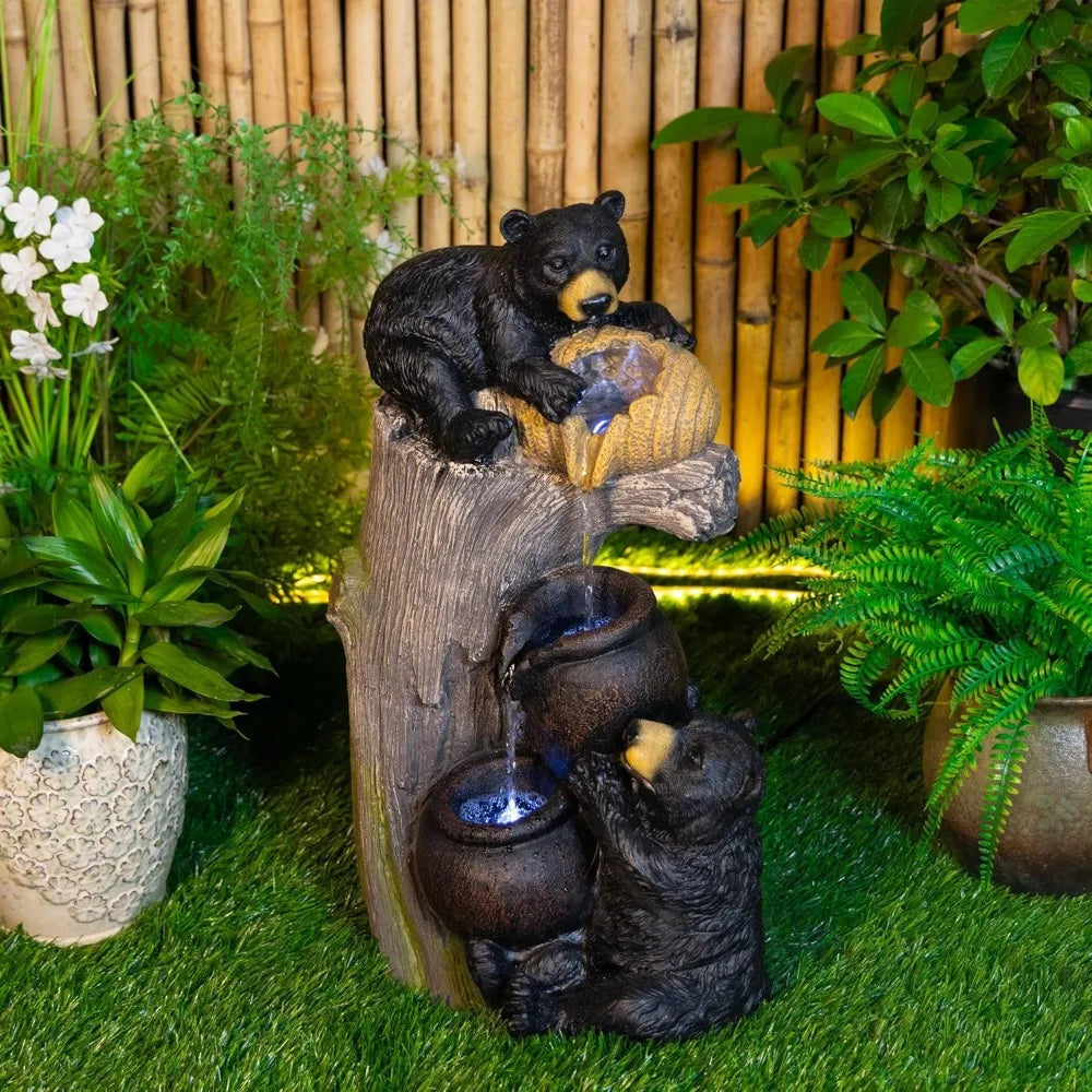 Makens Bear Outdoor Cascading Water Fountain With LED Lights