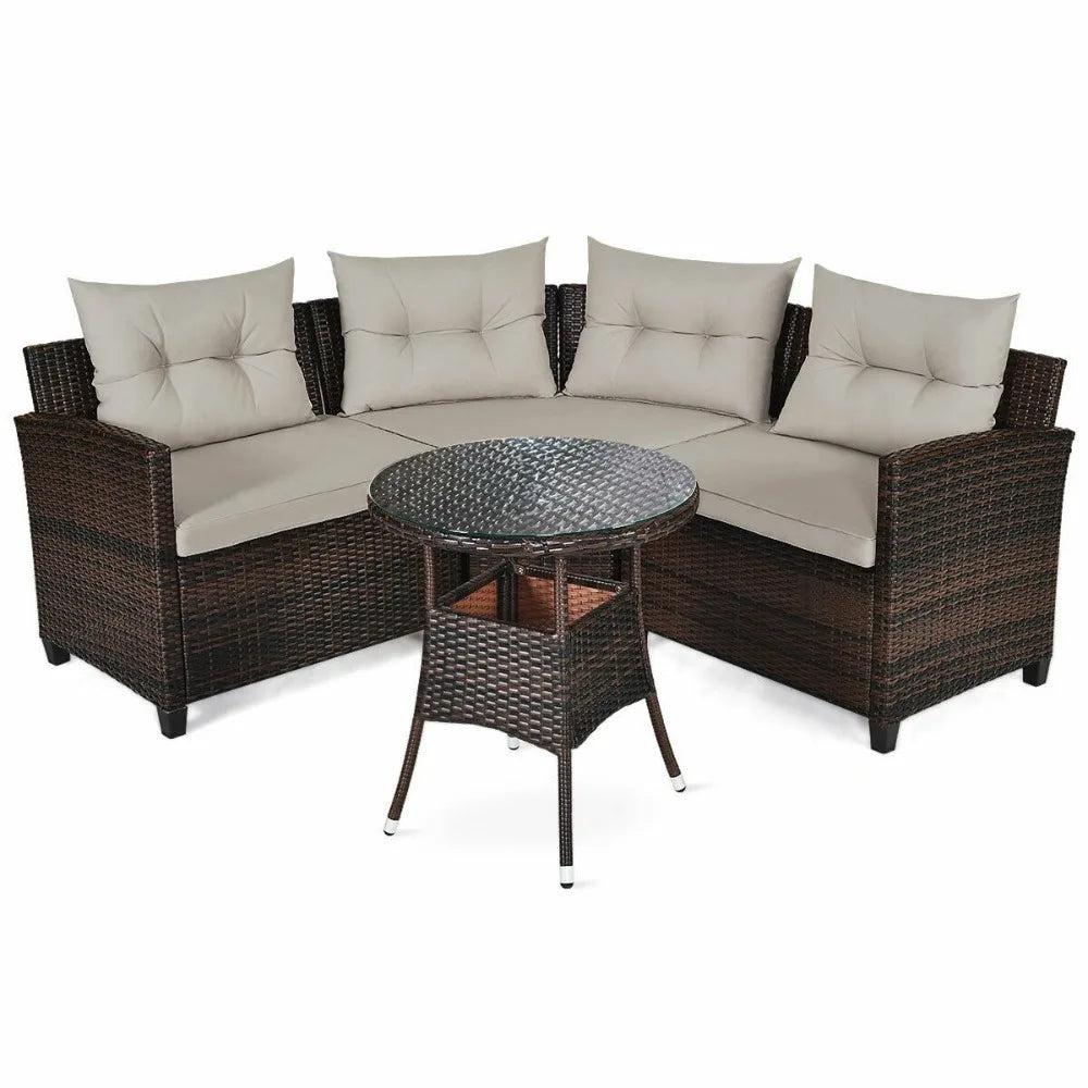 Outdoor Rattan Patio Furniture Set With Cushioned Sofa Table