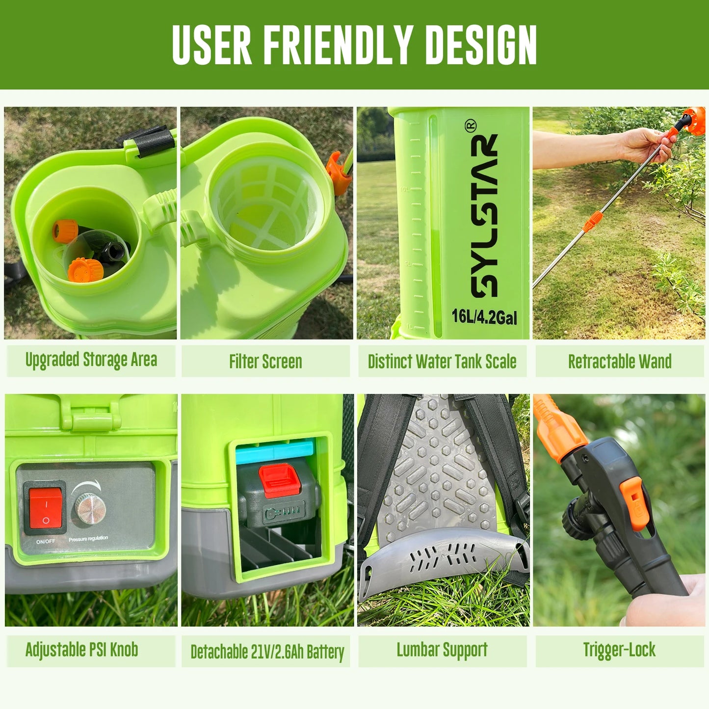 SYLSTAR Battery Powered Backpack Sprayer 100 PSI With 5 Nozzles