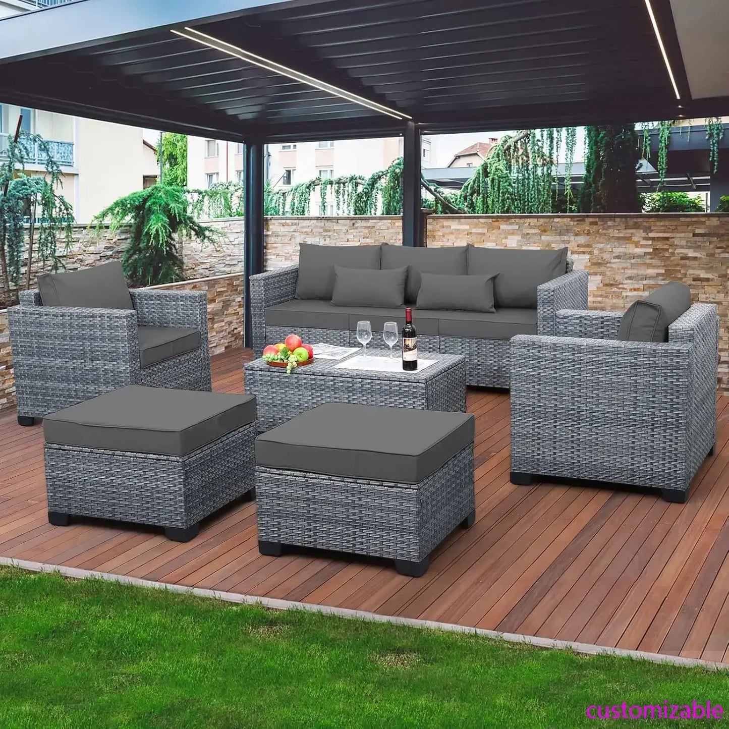 XMSJ 6-Piece Wicker Patio Furniture Set With Storage Table