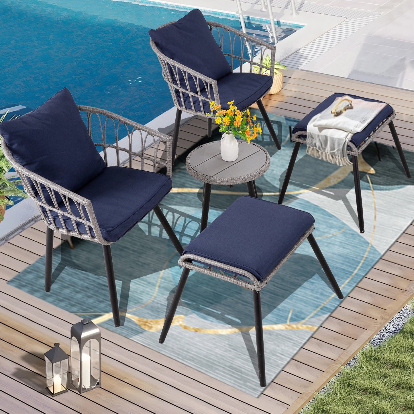 SEOGWISAM 5 Piece Patio Bistro Set Outdoor Wicker Chairs Ottoman