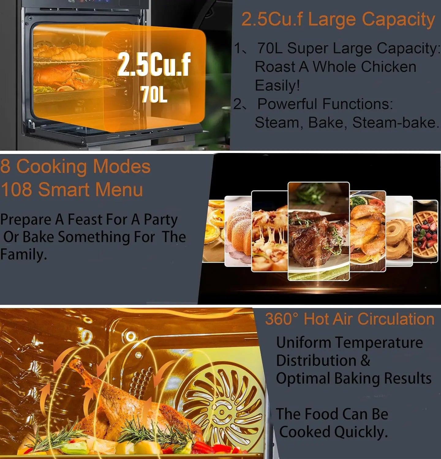 Acekool Built-In Electric Oven 70L Capacity With 8 Functions