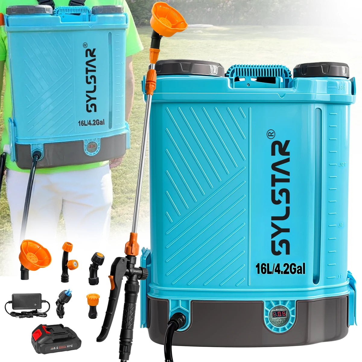 SYLSTAR Battery Powered Backpack Sprayer 100 PSI With 5 Nozzles