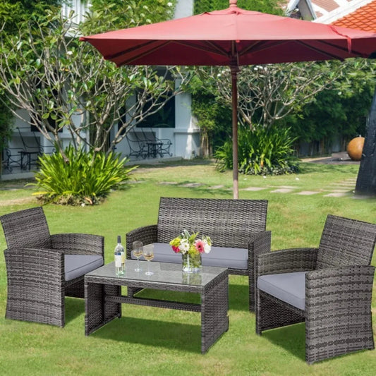Outdoor Rattan Conversation Set With Glass Table And Loveseat