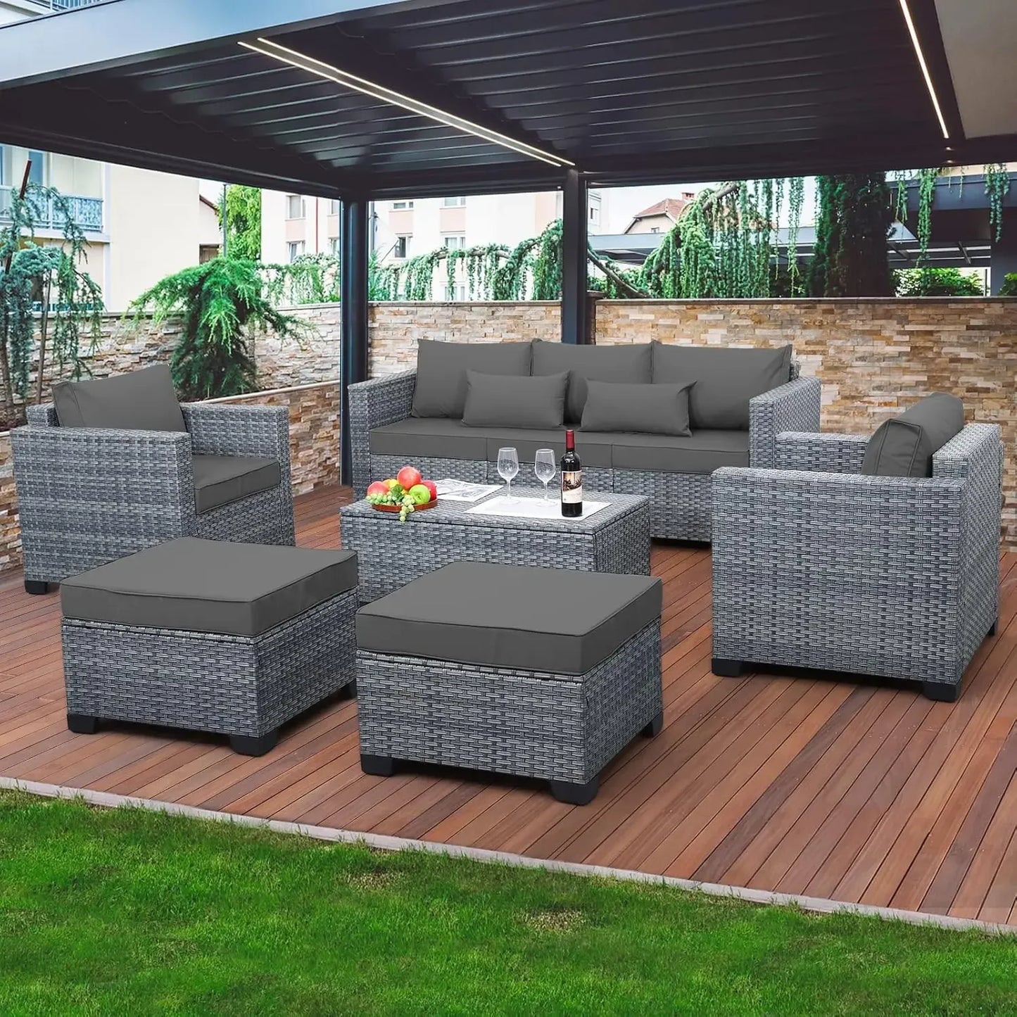 XMSJ 6-Piece Wicker Patio Furniture Set With Storage Table