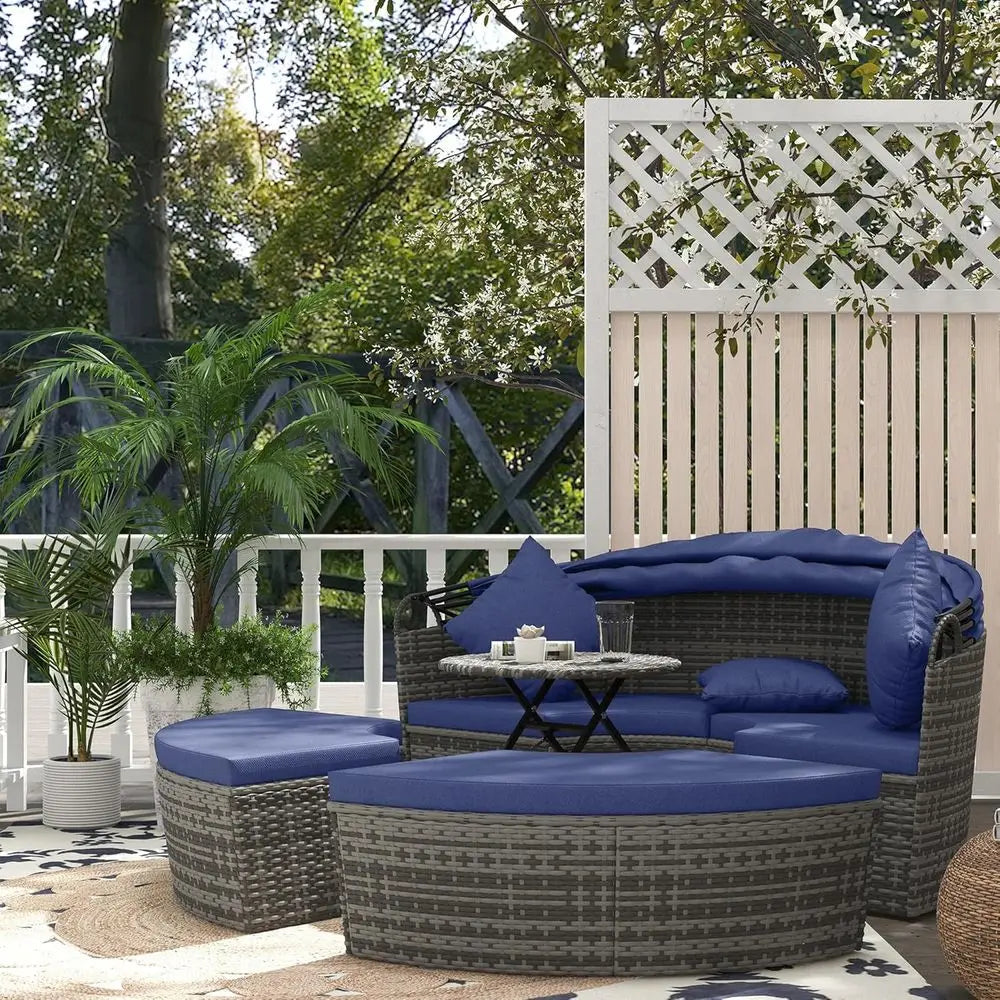 Round Rattan Patio Daybed Furniture Set Outdoor Sectional Sunshade