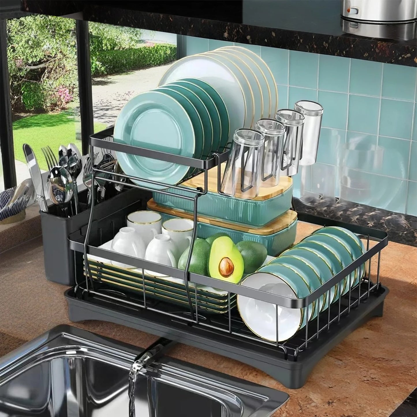 Two-Tier Dish Drying Rack For Kitchen Countertop Durable