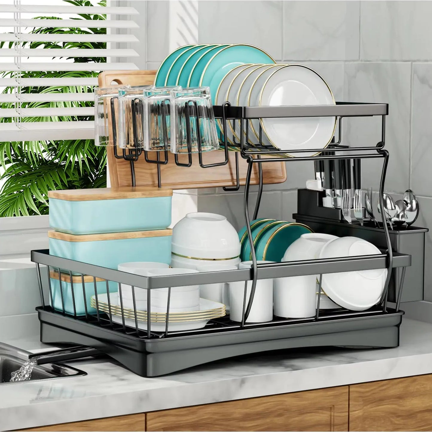 Two-Tier Dish Drying Rack For Kitchen Countertop Durable