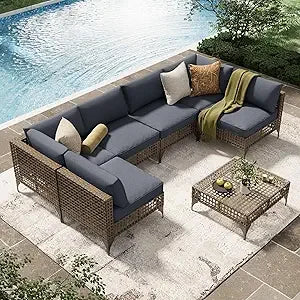 U-MAX 7 Piece Outdoor Patio Furniture Set Rattan Wicker With Cushions