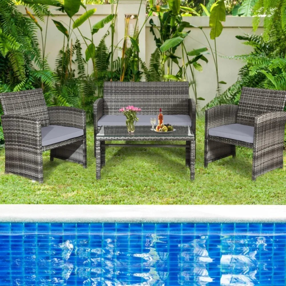 Outdoor Rattan Conversation Set With Glass Table And Loveseat
