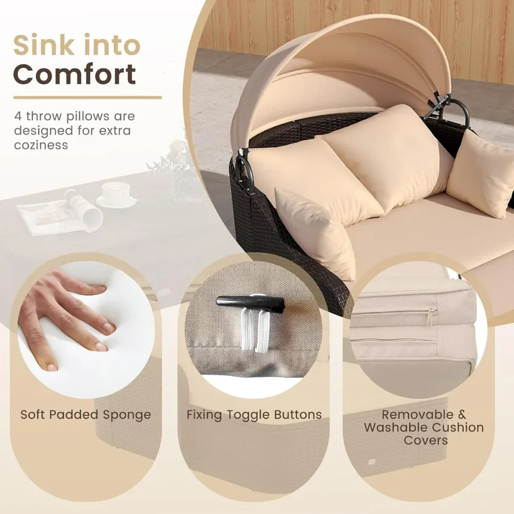 Outdoor Daybed With Retractable Canopy Rattan Double Chaise Lounge Pillows