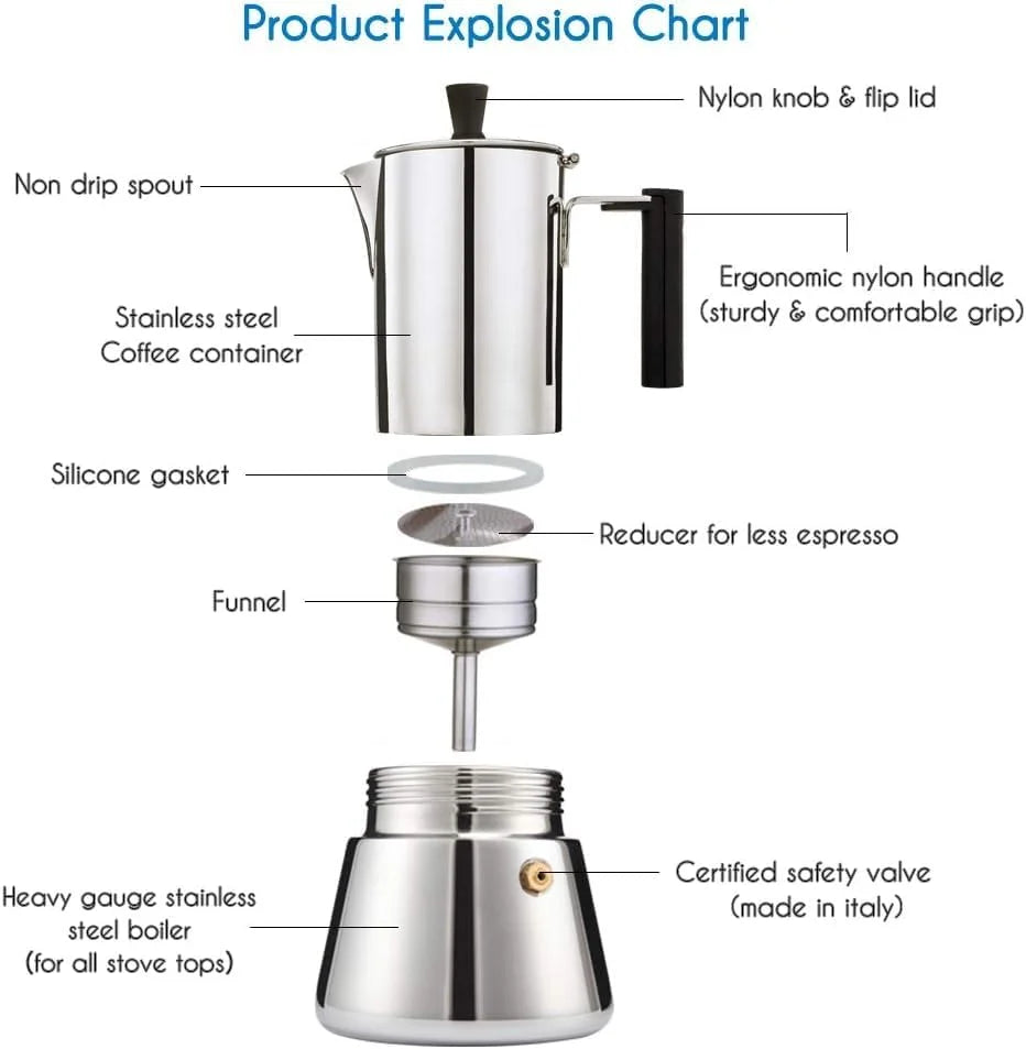 Diego Stovetop Espresso Maker Stainless Steel Moka Pot Induction