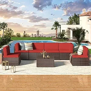 U-MAX 7 Piece Outdoor Patio Furniture Set Rattan Wicker With Cushions