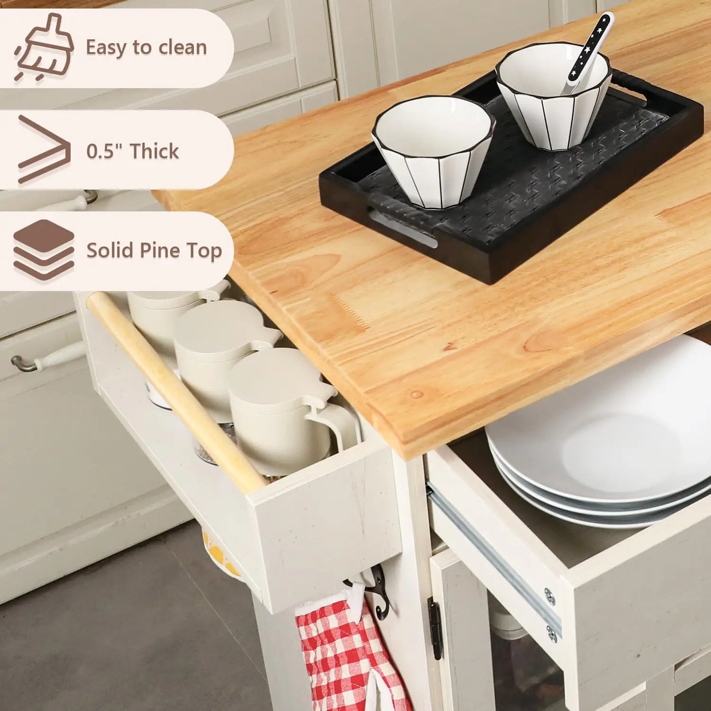 Rolling Kitchen Island With Storage On Wheels, Two Drawers