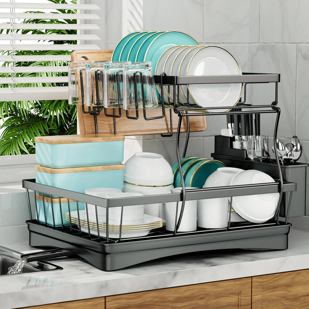 Two-Tier Dish Drying Rack For Kitchen Countertop Durable