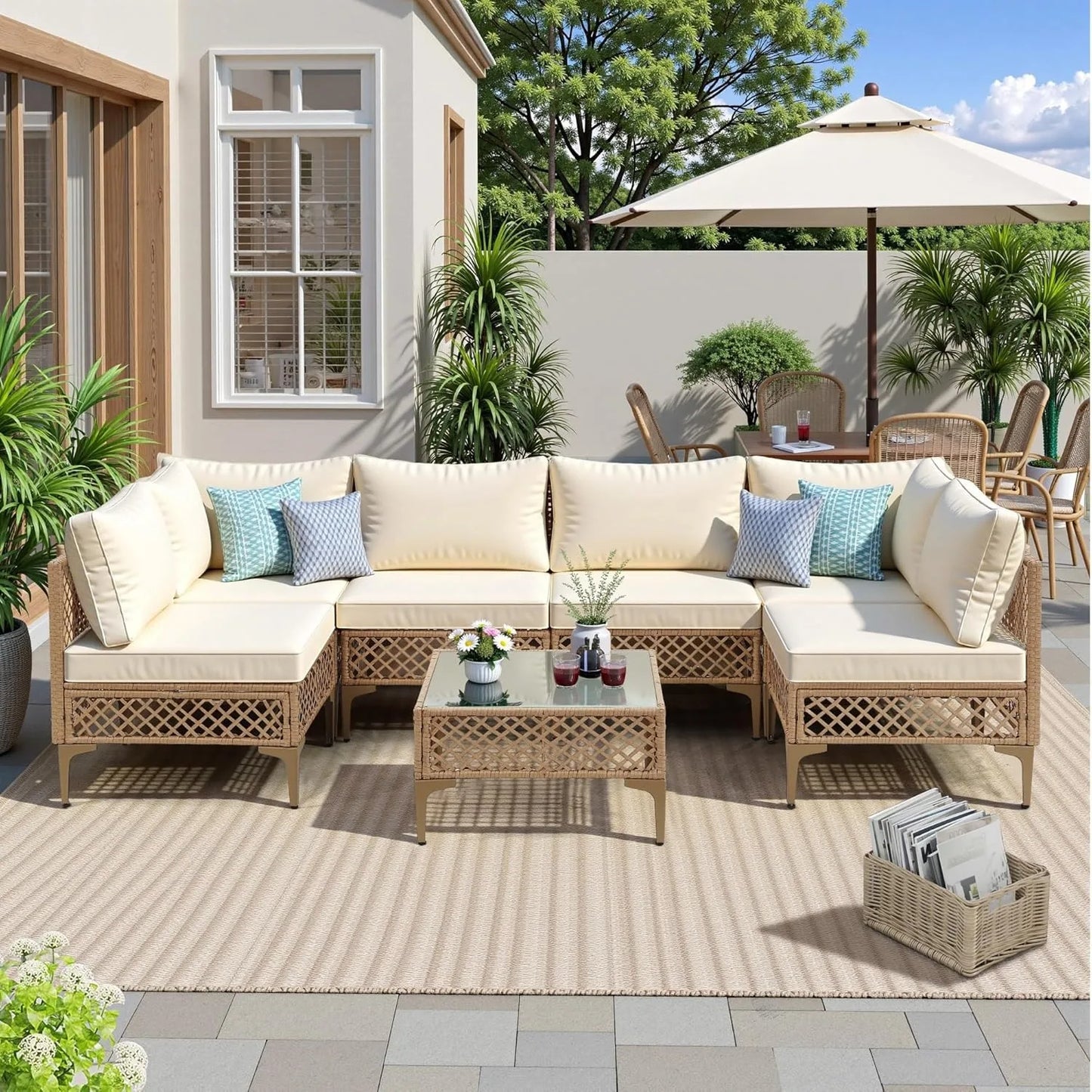 SEOGWISAM 7 Piece Outdoor Wicker Patio Furniture Set With Cushions