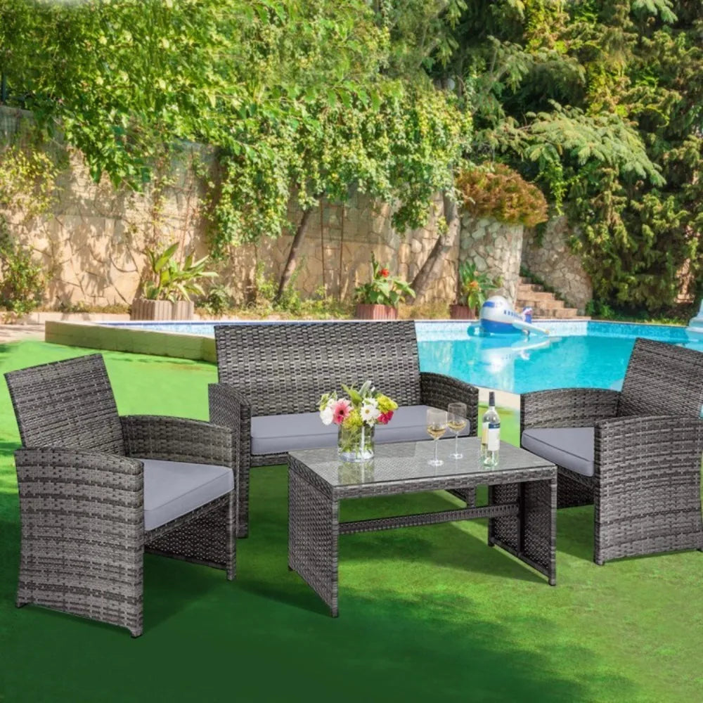Outdoor Rattan Conversation Set With Glass Table And Loveseat