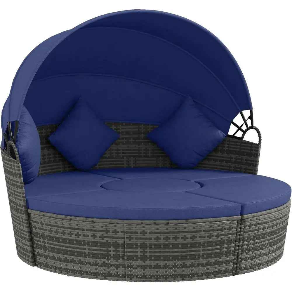 Round Rattan Patio Daybed Furniture Set Outdoor Sectional Sunshade