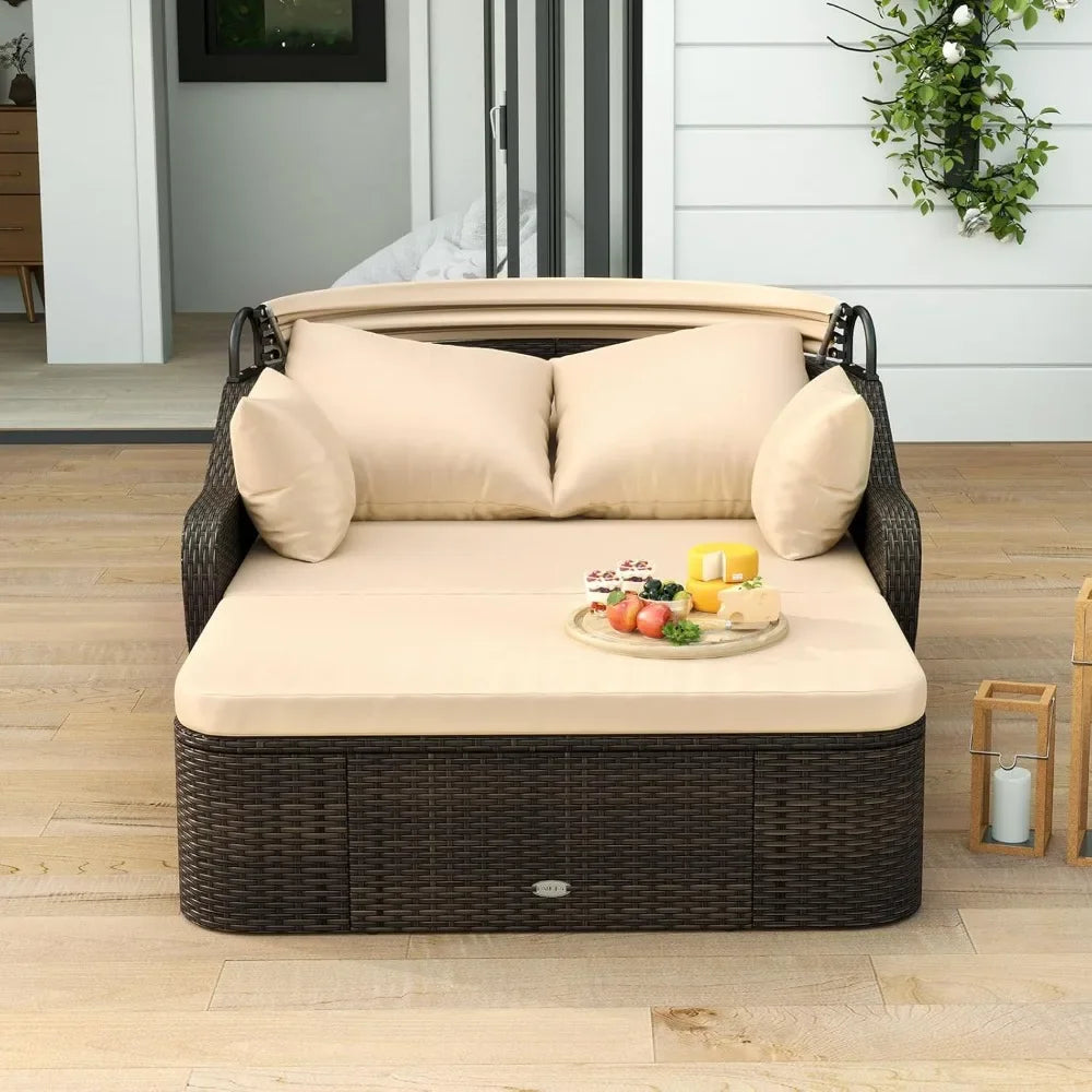 Outdoor Daybed With Retractable Canopy Rattan Double Chaise Lounge Pillows