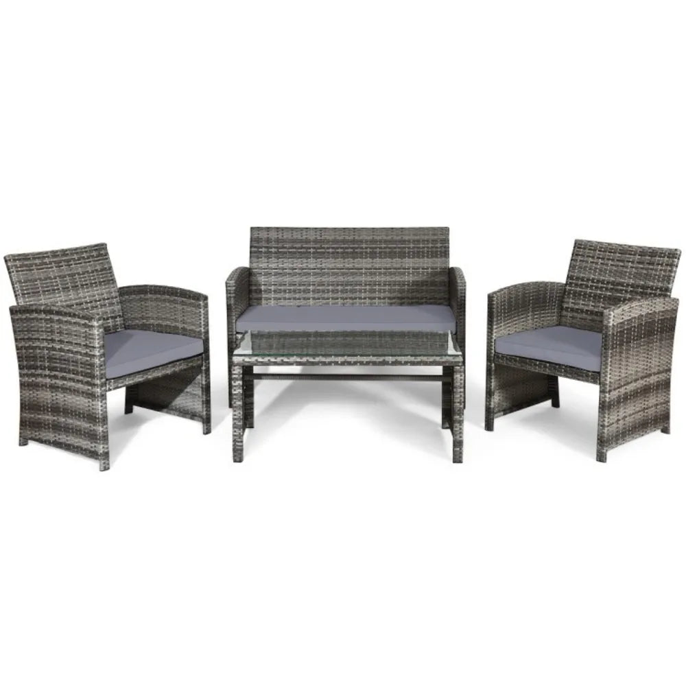 Outdoor Rattan Conversation Set With Glass Table And Loveseat