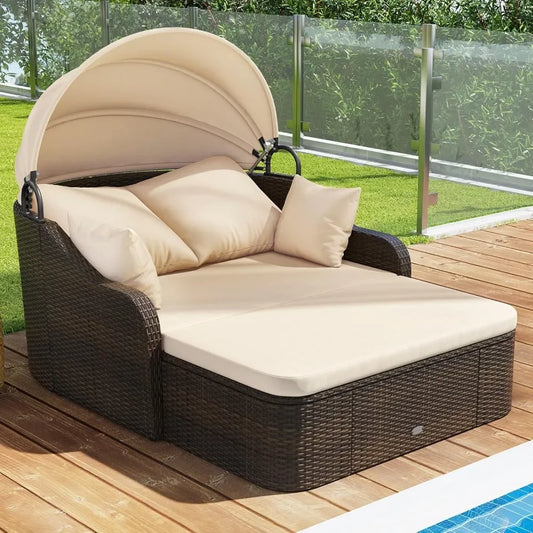 Outdoor Daybed With Retractable Canopy Rattan Double Chaise Lounge Pillows