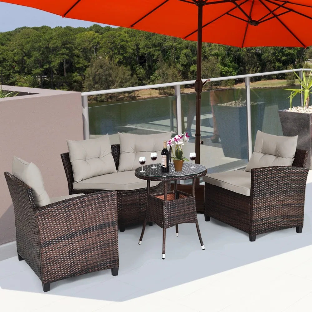 Outdoor Rattan Patio Furniture Set With Cushioned Sofa Table