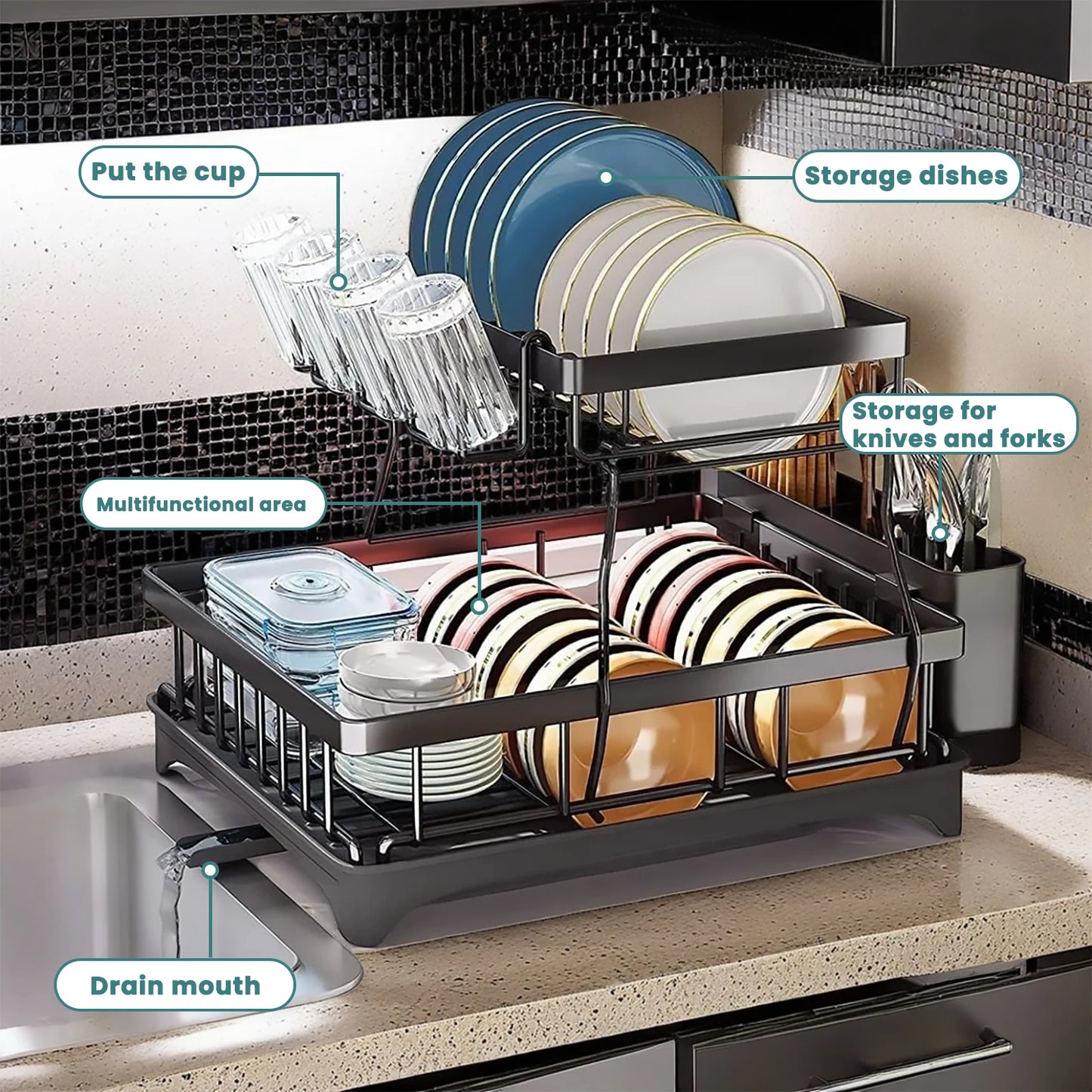 Two-Tier Dish Drying Rack For Kitchen Countertop Durable